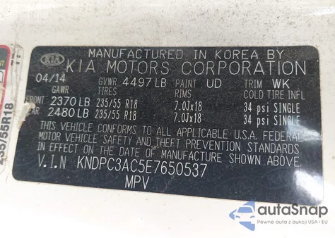 2014 Kia Sportage Ex z USA, uszkodzony, nr VIN KNDPC3AC5E7650537